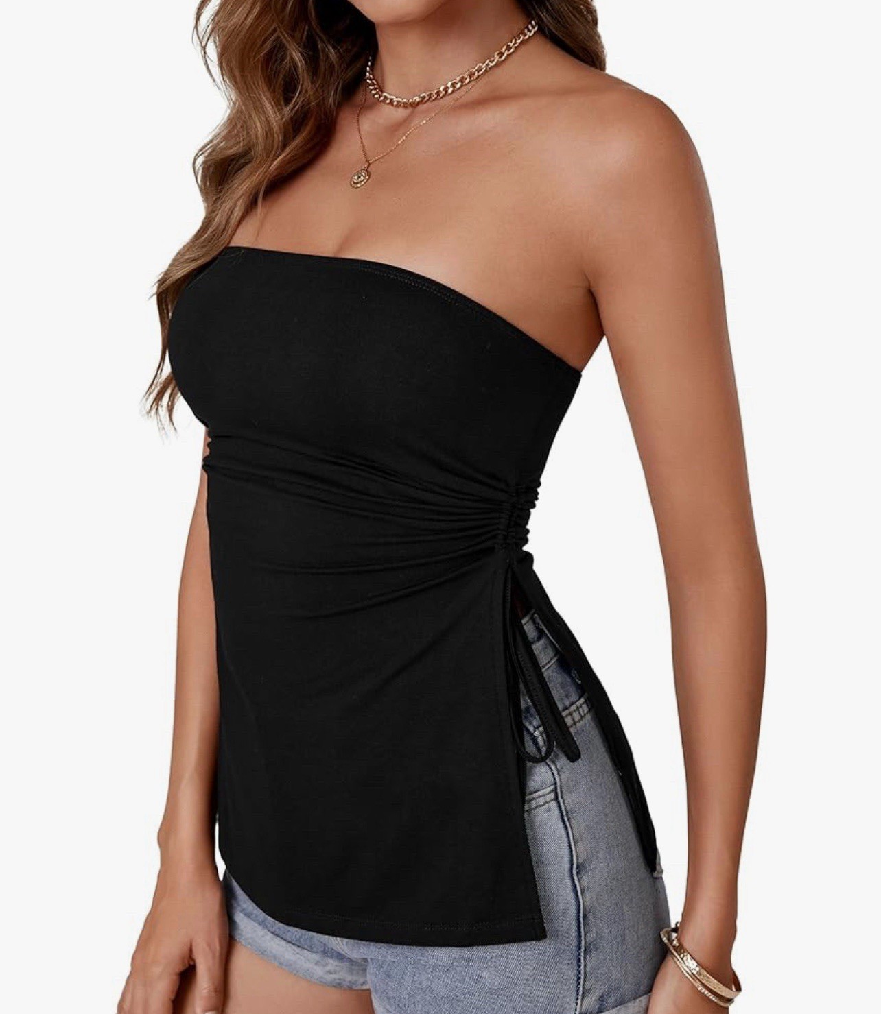 LYANER Women’s Strapless Drawstring Split Slit Sides Sleeveless Tube Tank L