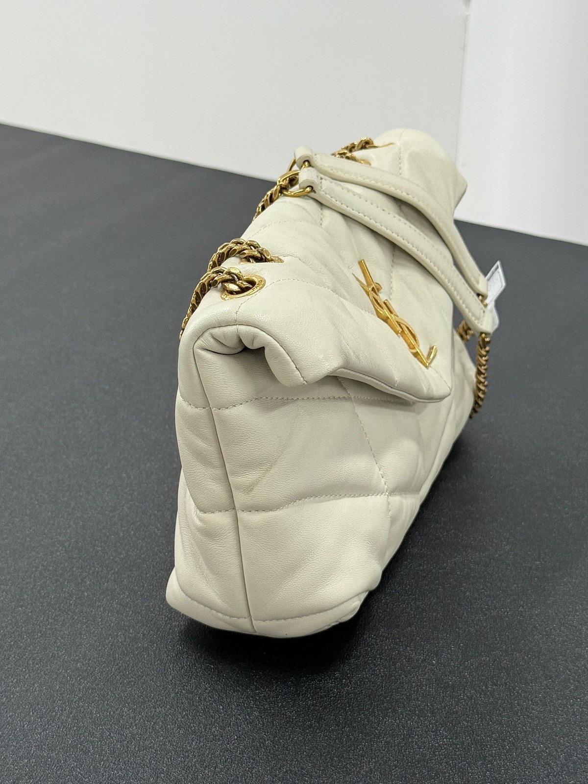 Saint Laurent Loulou Puffer Mini White Leather GHW Chain Crossbody Bag Auth