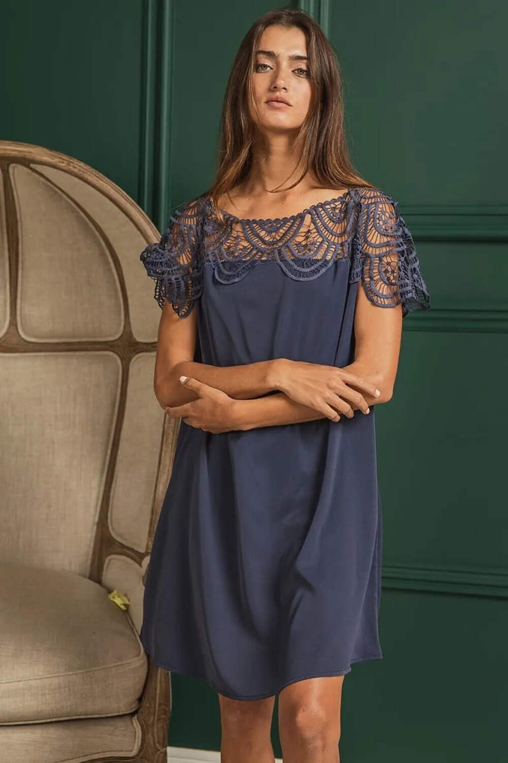 Crochet Lace Yoke Detailed Wrinkled Dress
