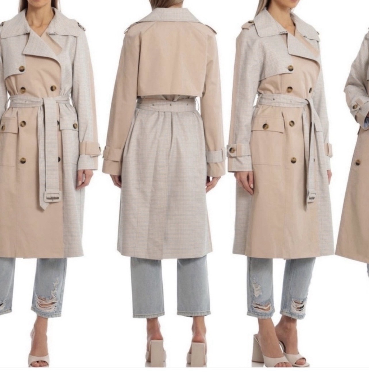 AVEC LES FILLES Women’s mixed Beige & Plaid Double Breasted Trench Coat, Large