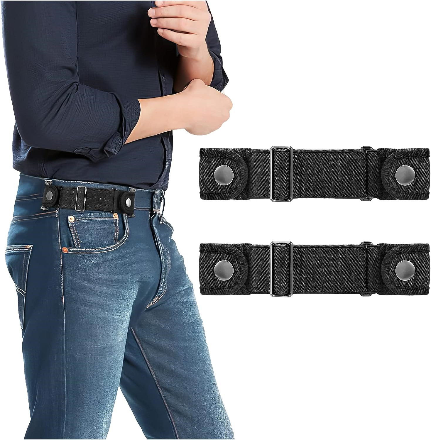 2 Pack No Buckle Belts for Men Women Side Elastic Belt Fits 1.5 Inch Belt Loops