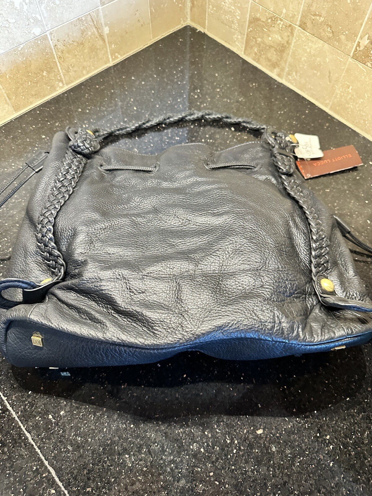 ELLIOTT LUCCA Black Leather Drawstring Shoulder Tote Bag Purse NEW With Tags