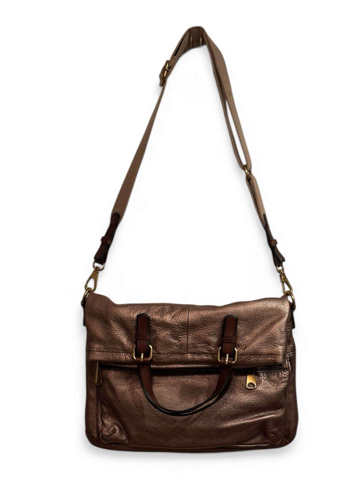 Fossil Explorer Foldover Tote Bronze Pebbled w/ Top Handle, Detachable Strap