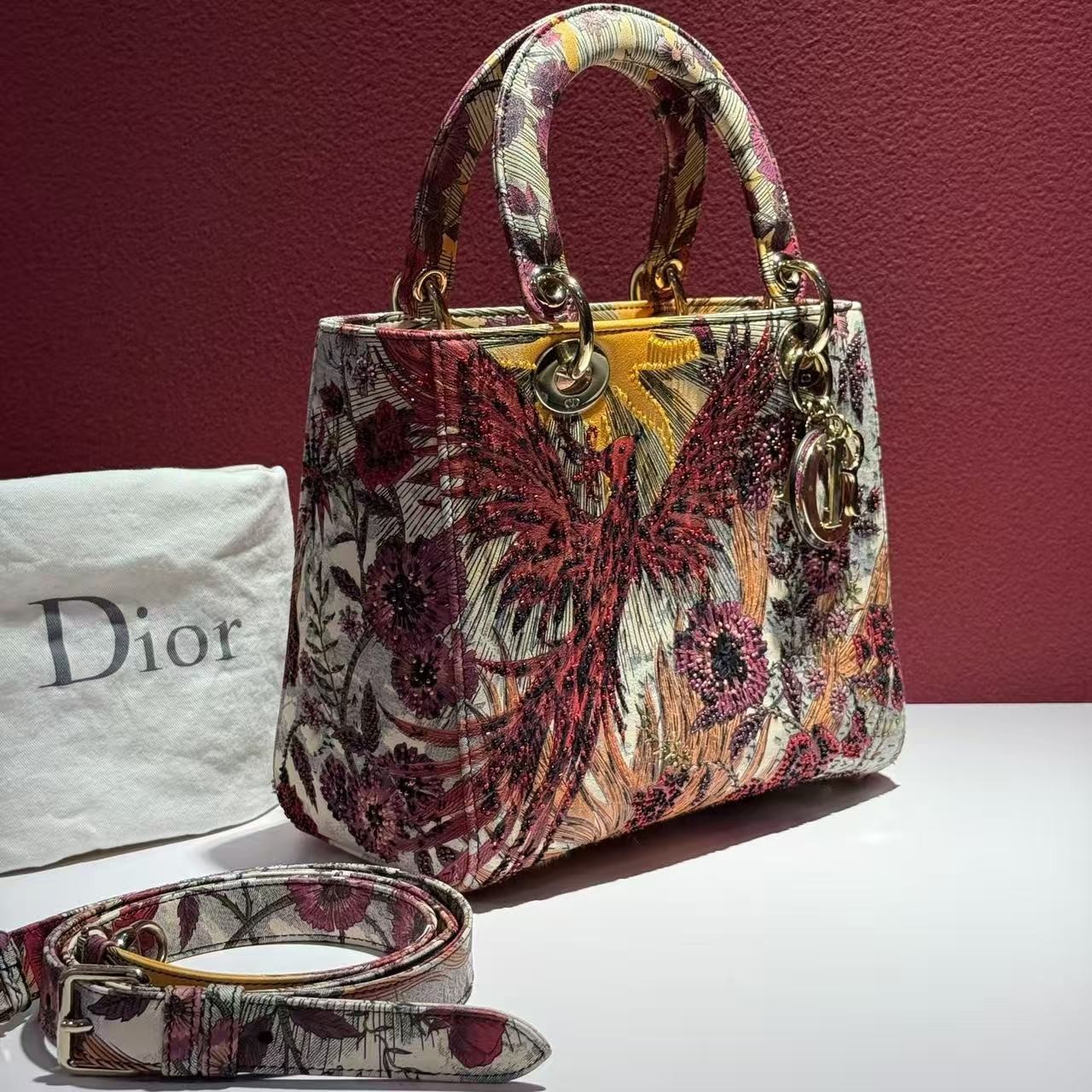 Auth Christian Dior Lady D-Lite Phoenix Floral Beaded Embroidery Handbag Rare