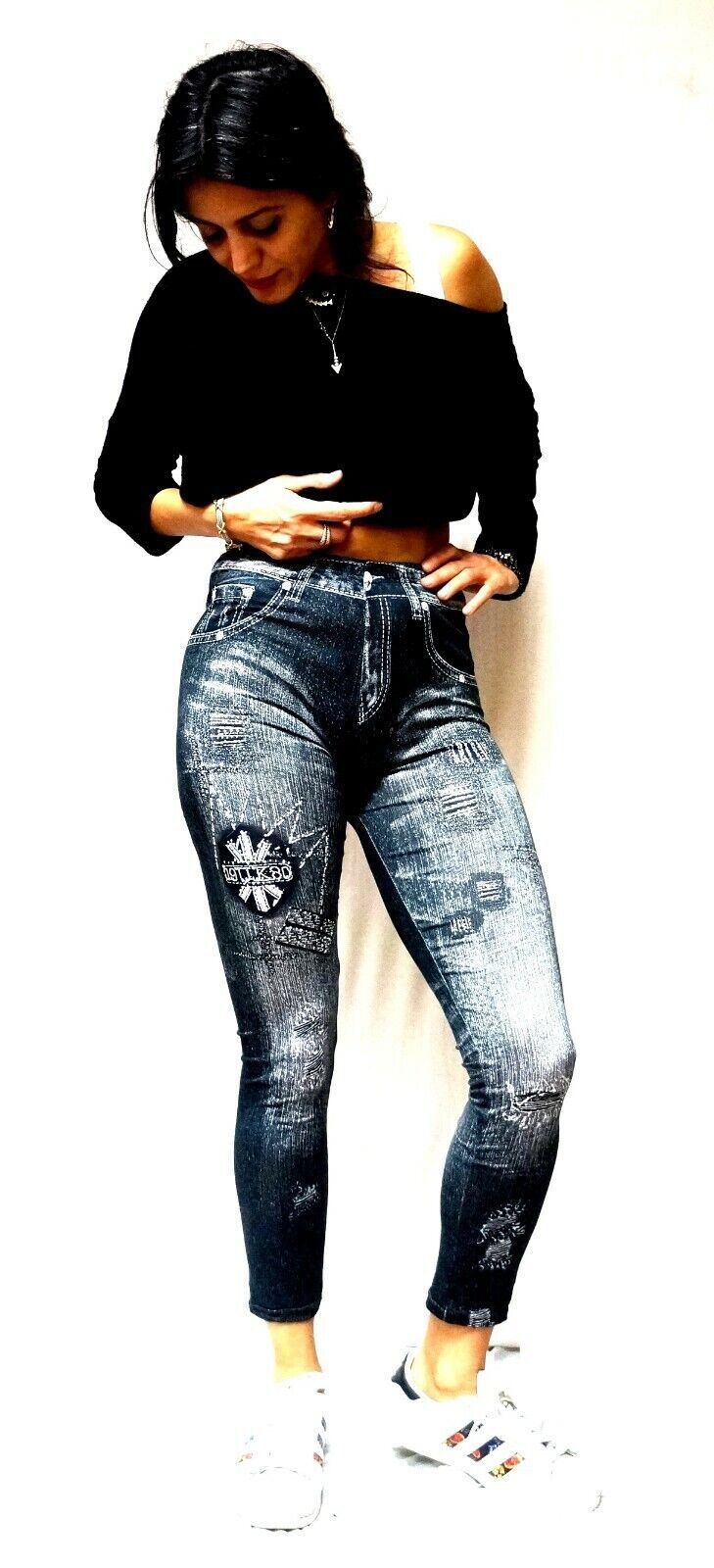 Classic Denim Jean Look Womens High Waisted Soft Leggings-one size Fits M/L