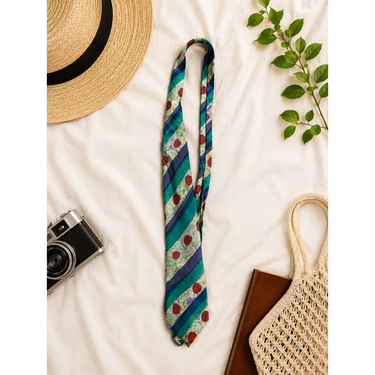 Jandal Zombek Miami Hand Painted Silk Tie Abstract Striped Teal Blue Red Mens