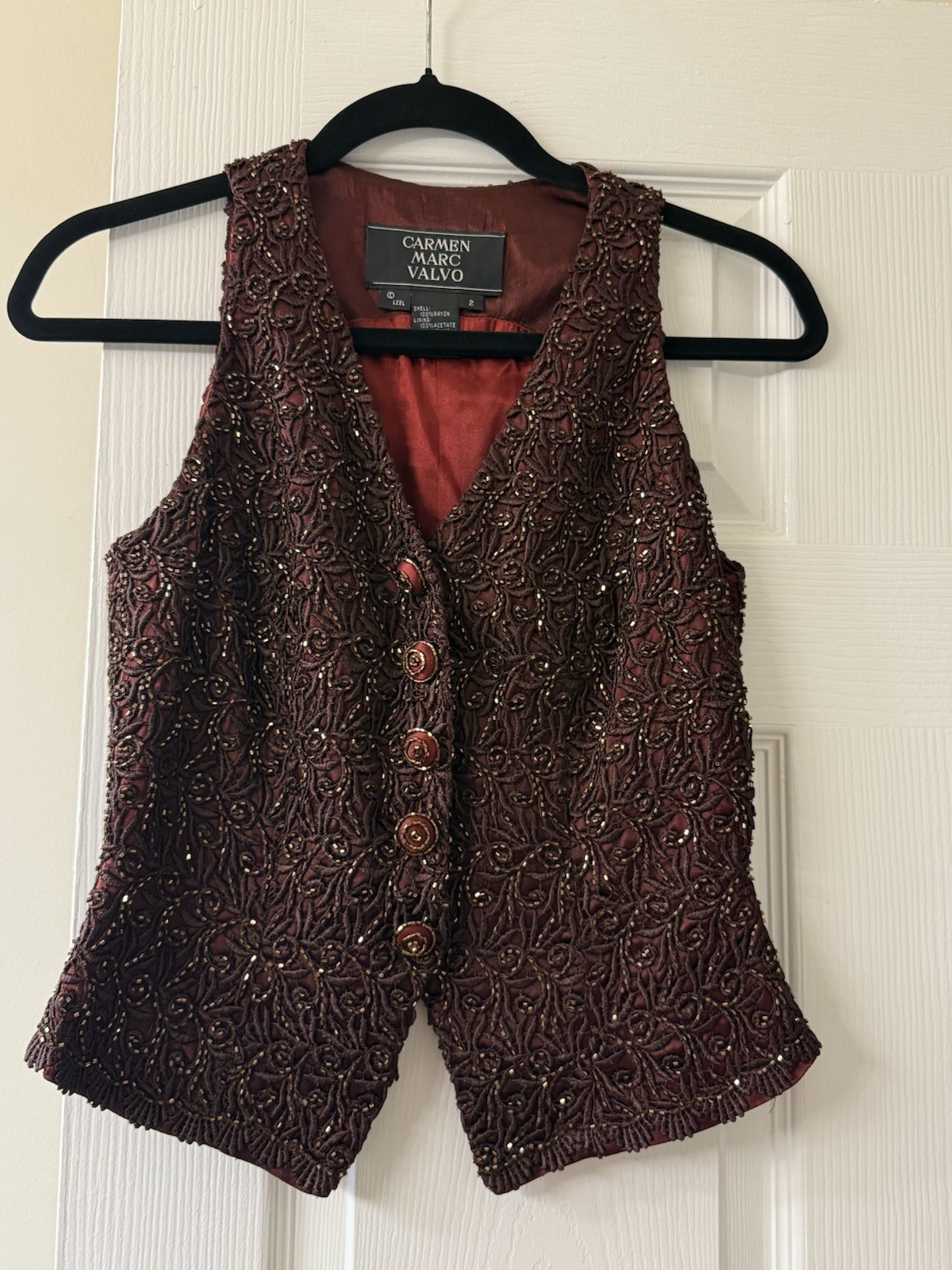Vintage Carmen Marc Valvo Beaded Vest & Pleated Wide-Leg Pants Set 2-Pc Brown