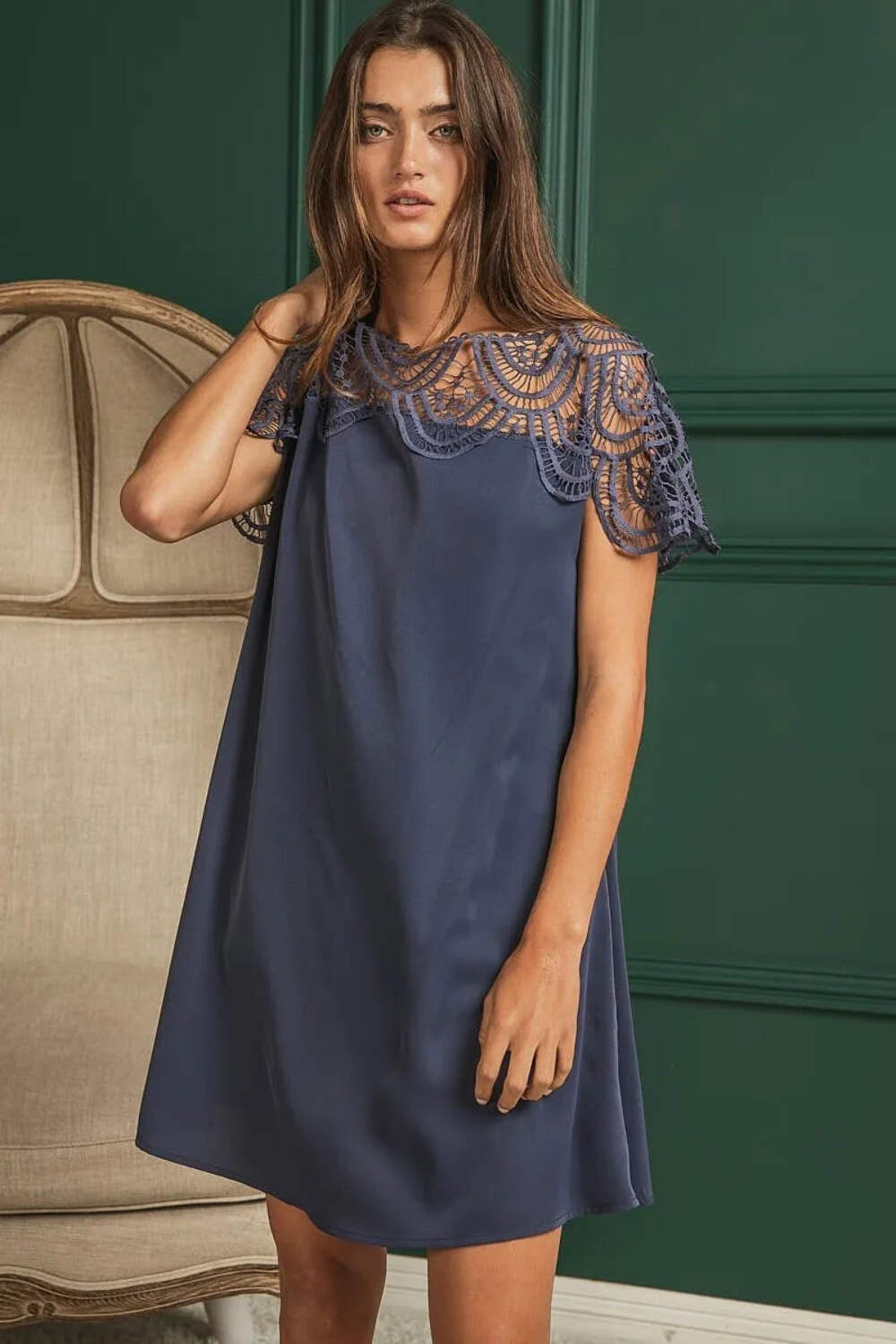 Crochet Lace Yoke Detailed Wrinkled Dress