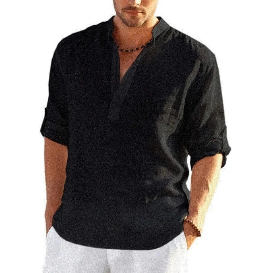 Men’s Cotton Linen Henley Long Sleeve Shirt Casual Beach T-shirt Tee Summer Gift