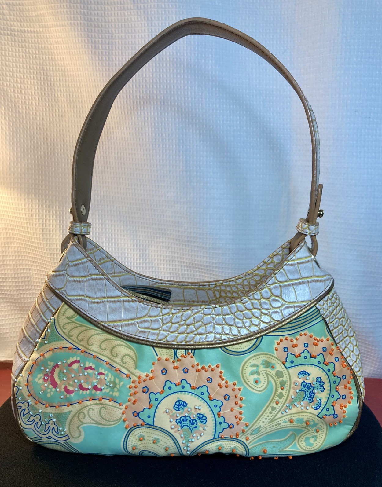 Spring Liz Claiborne Orange & Turquoise Handbag w/Leather Trim – Beadwork Y2K