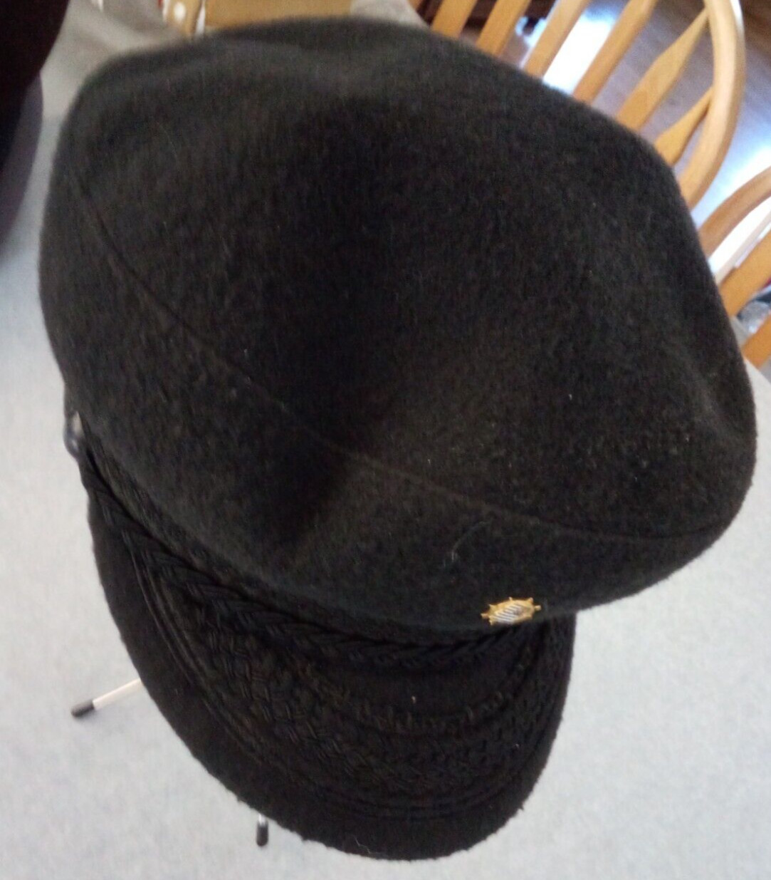 Greek FISHERMAN’S CAP BLACK Wool LARGE Braid Trim Button Lined w pin Free Ship