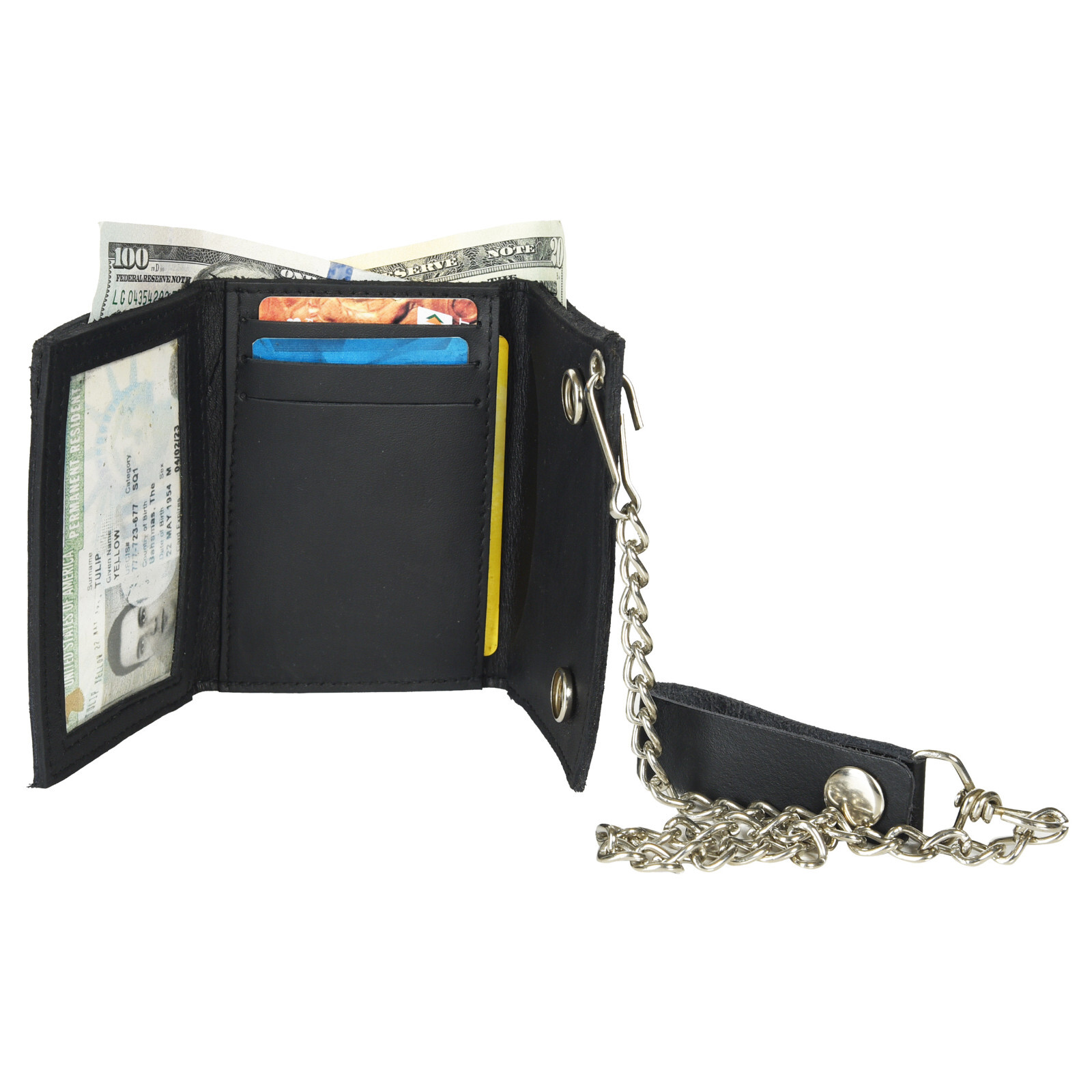 Leatherboss Genuine Leather Men’s Trifold Wallet with Chain Biker Trucker Black