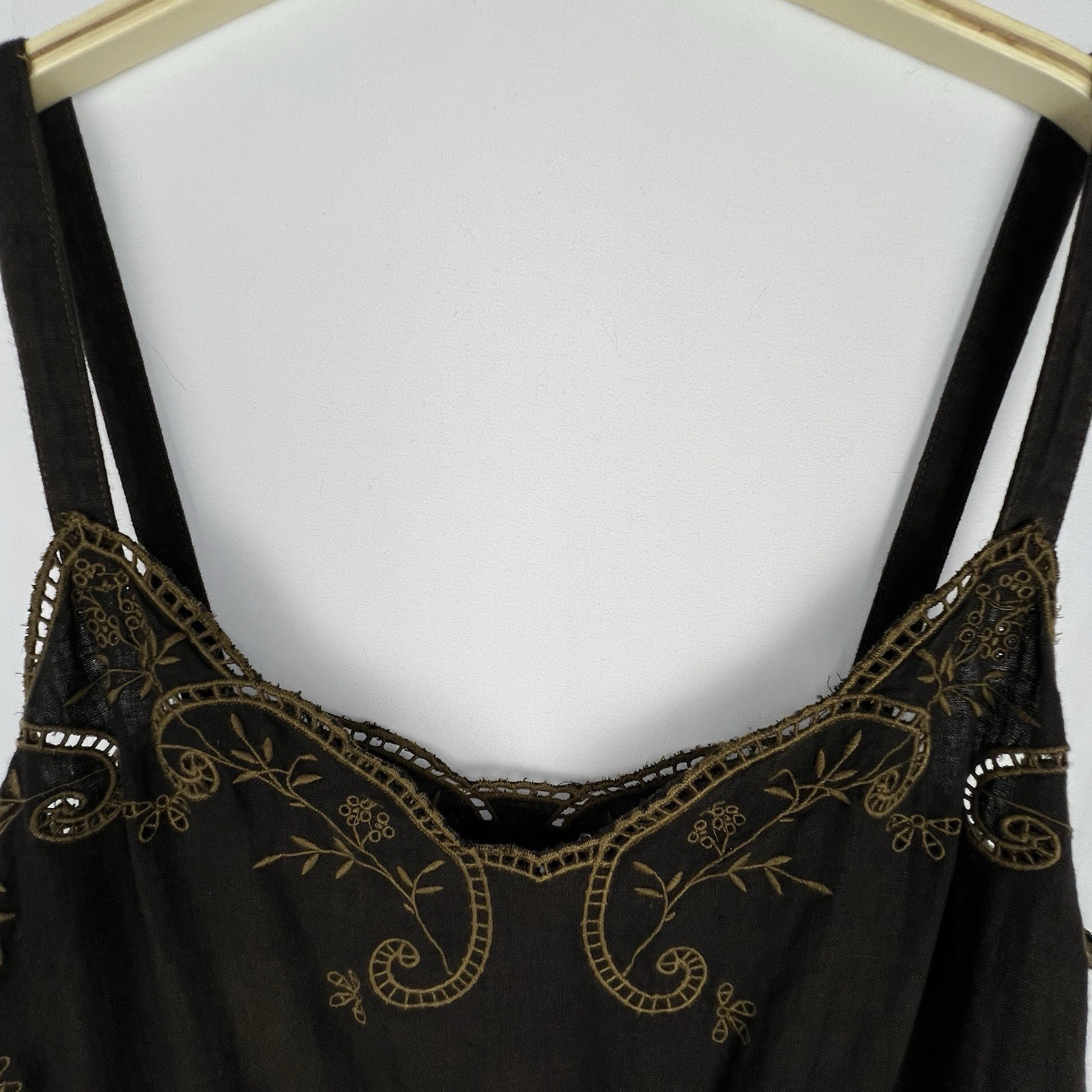 J.CREW Brown 100% Linen Embroidered Slip Dress Women 16 Boho Peasant Pockets