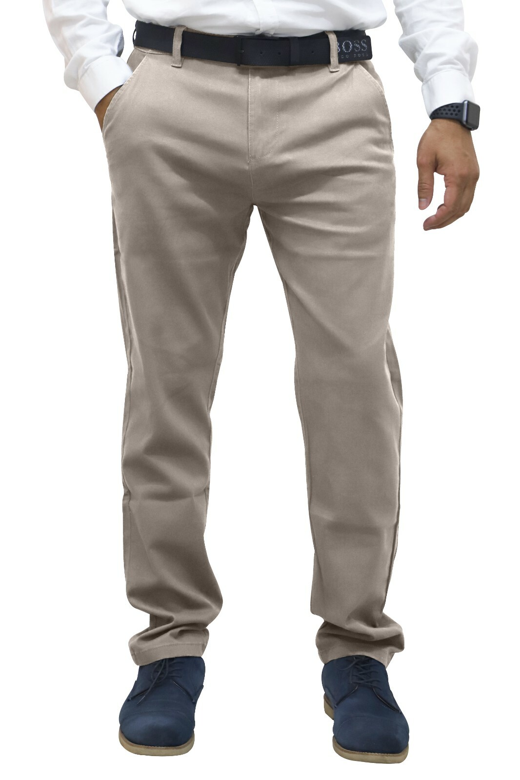 Mens Regular Fit Chino Trousers Stretch Casual Cotton Flat Front Flex Full Pants