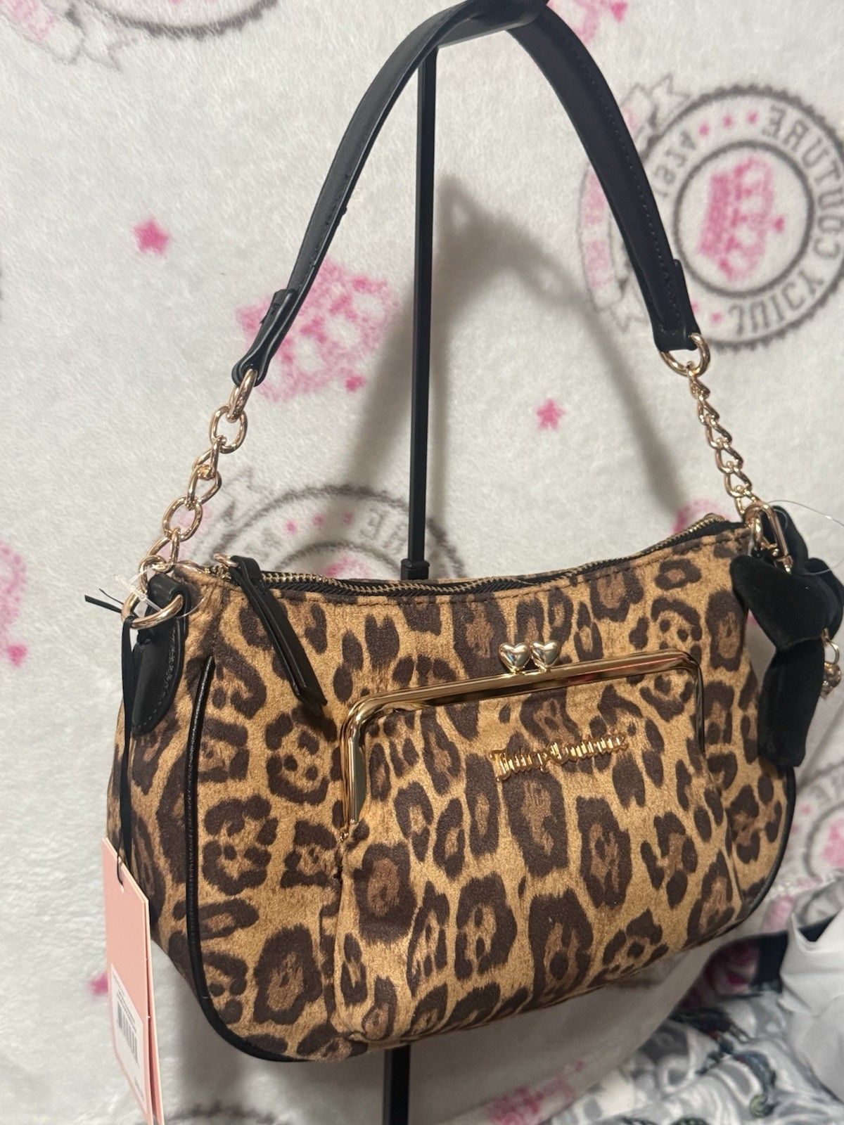 Juicy Couture Leopard Print Shoulder Bag Brown Black Bow Charm Zip Chain Pockets