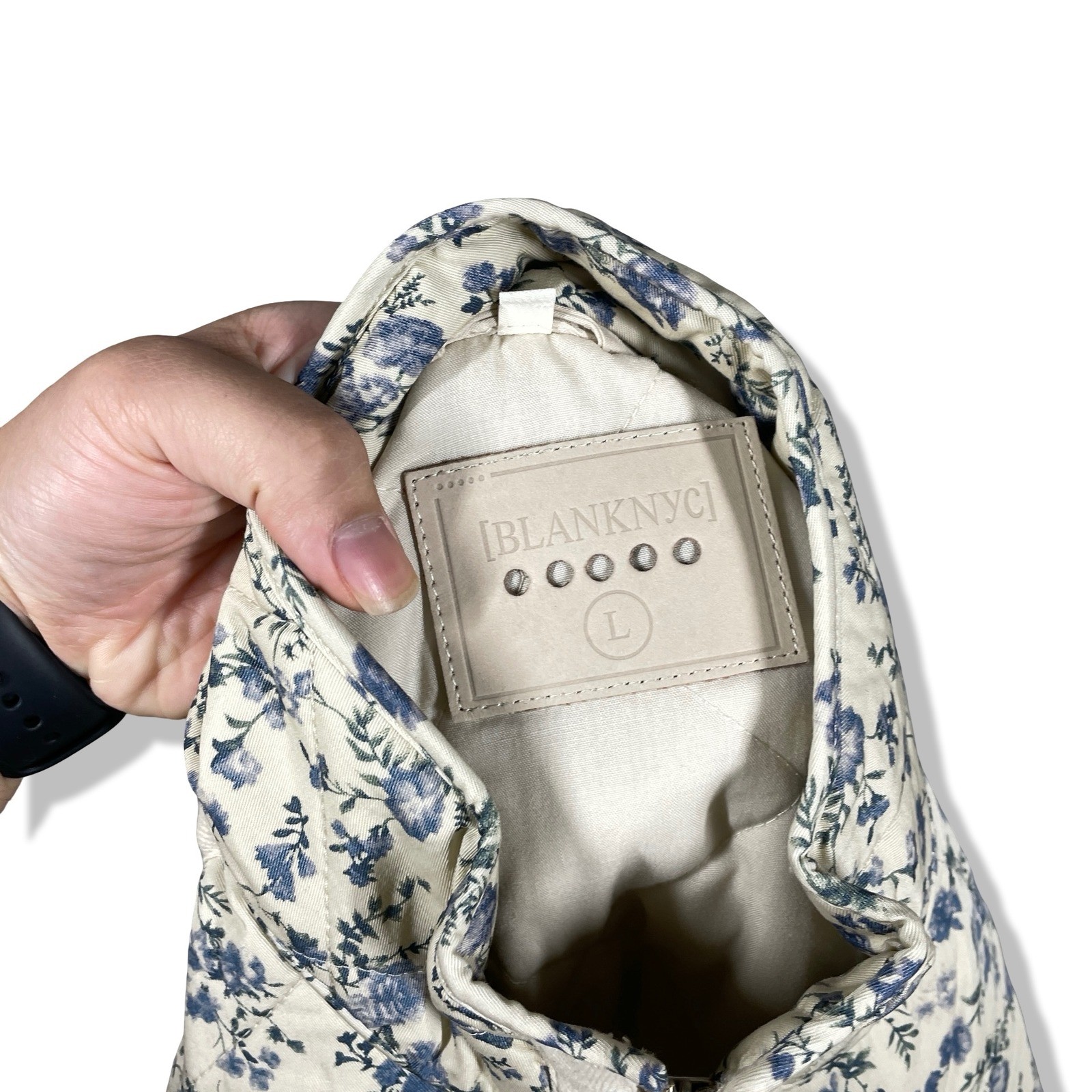 BLANKNYC Quilted Jacket Women Large Cream Blue Floral Cottagecore Boho New