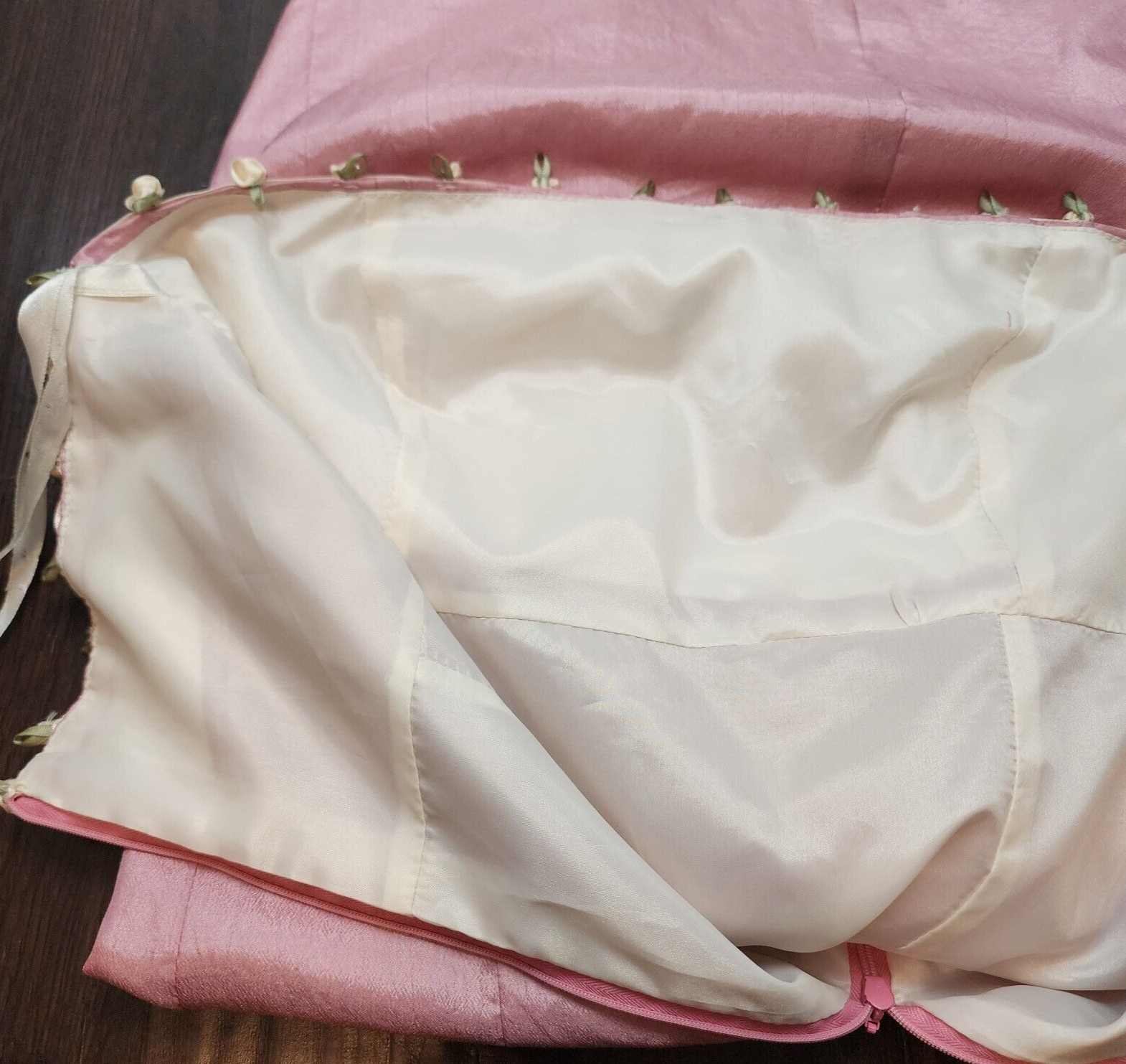 Vintage 90s Pink Silk Satin Rosebud Dress Strapless Ivory Ribbons Homemade ~M