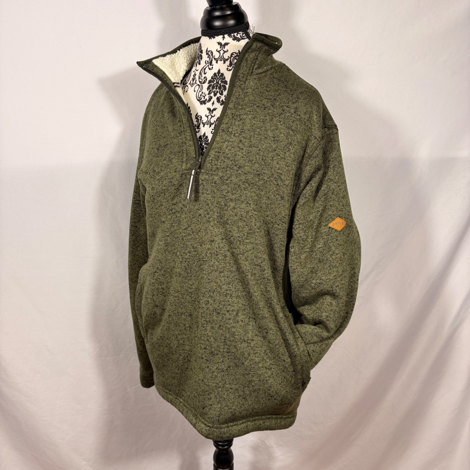 Orvis Mens Quarter Zip Sherpa Lined Sweater Pullover Olive Green Marl Medium