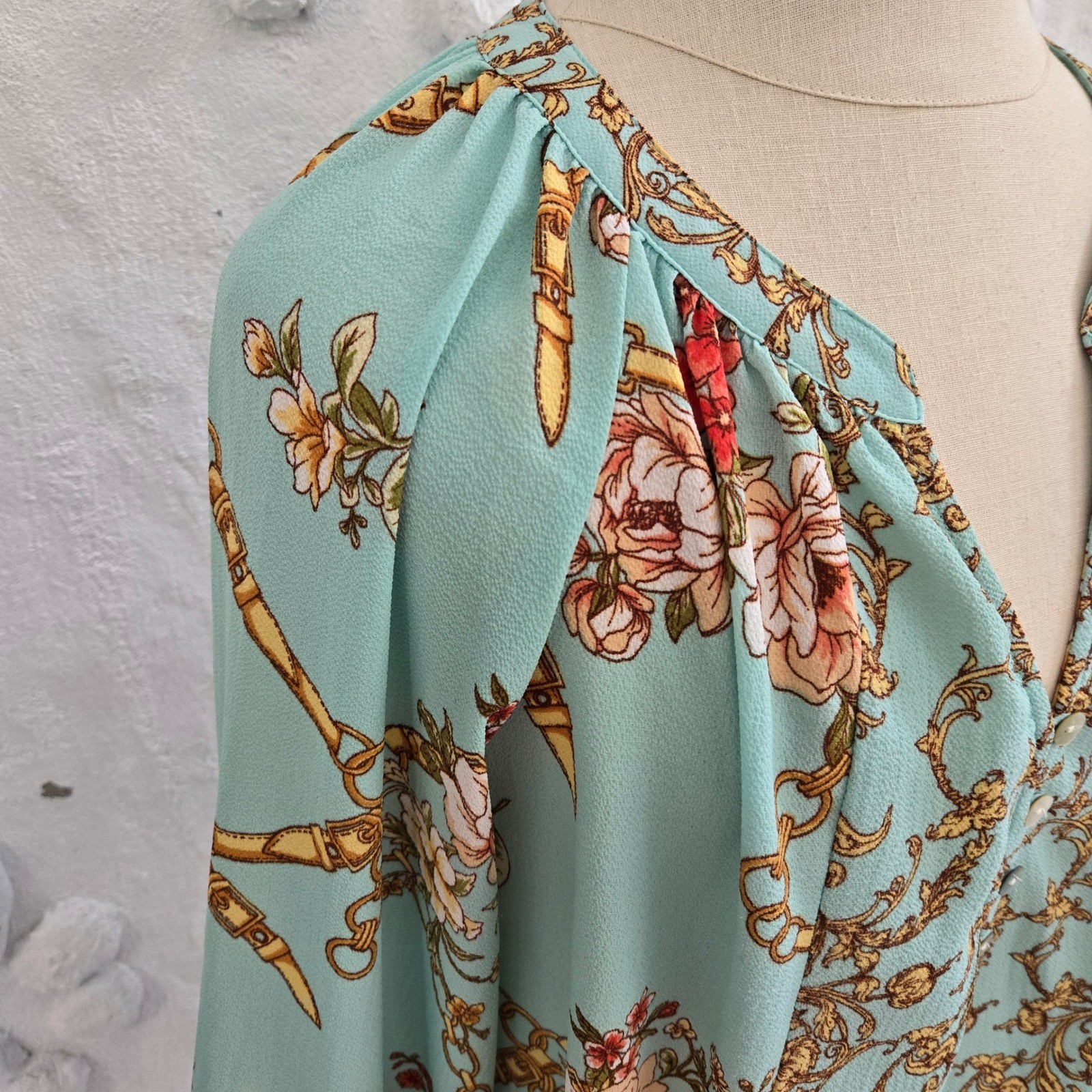 Fig and Flower Peasant Romantic Boho Floral Chain Baroque Tie Cuff Blouse Size M