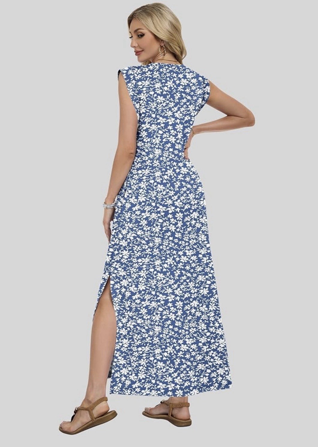 Women’s Blue/White Floral V-Neck Sleeveless Long Maxi Dress Side Slit