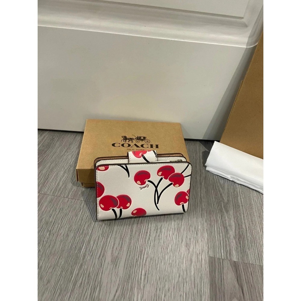 Coach Medium Corner Zip Wallet With Cherry Print Chalk Multi CZ762 with Box
