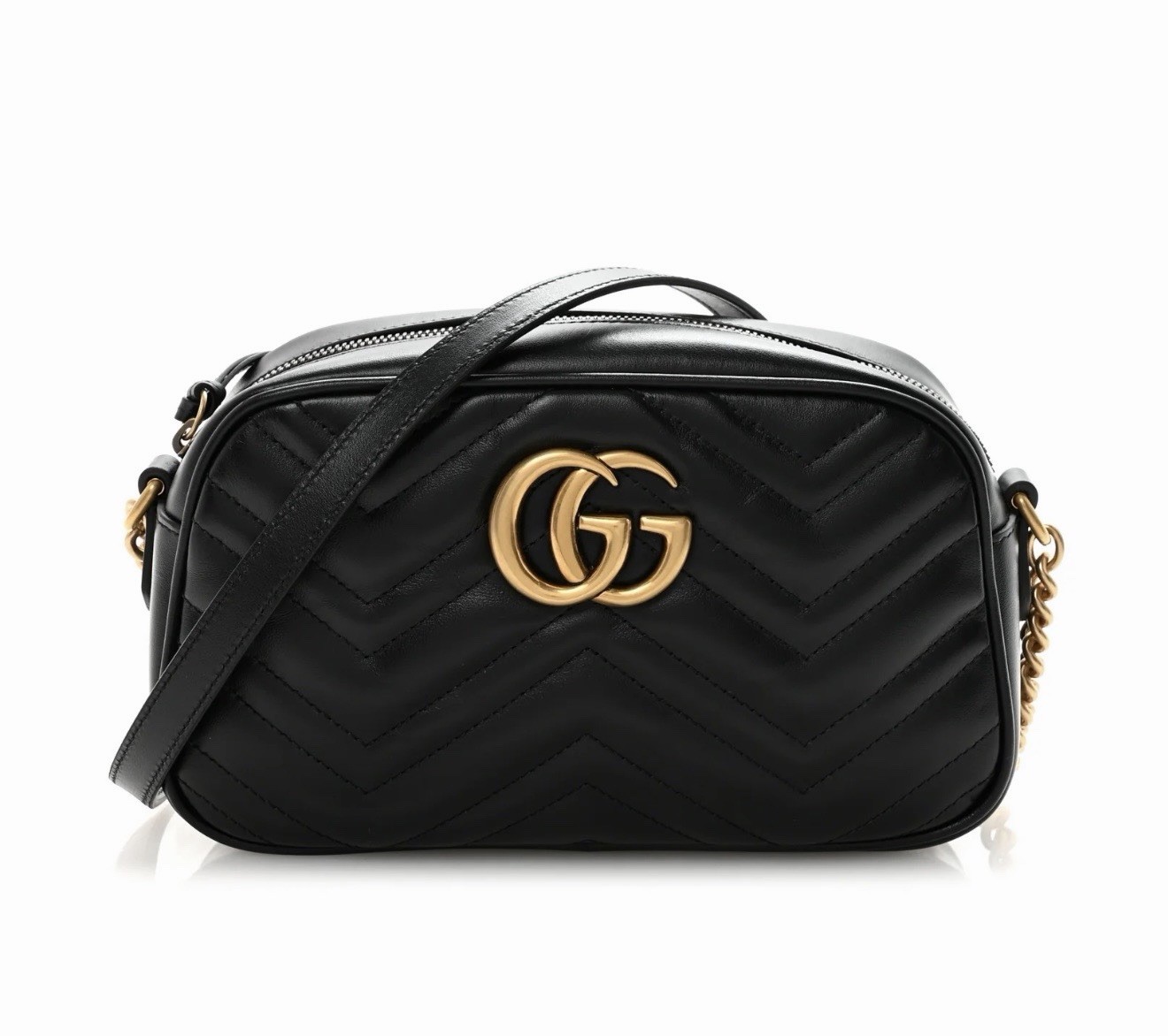 GUCCI GG Marmont Quilted Shoulder Bag Black Gold Hardware Adjustable Strap