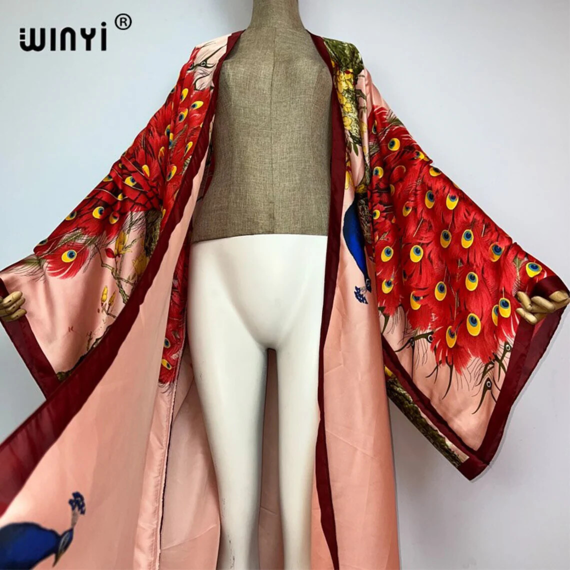 Pink Peacock Kimono Batwing Cardigan Silky Robe Beach Kaftan Robe Pink Abaya