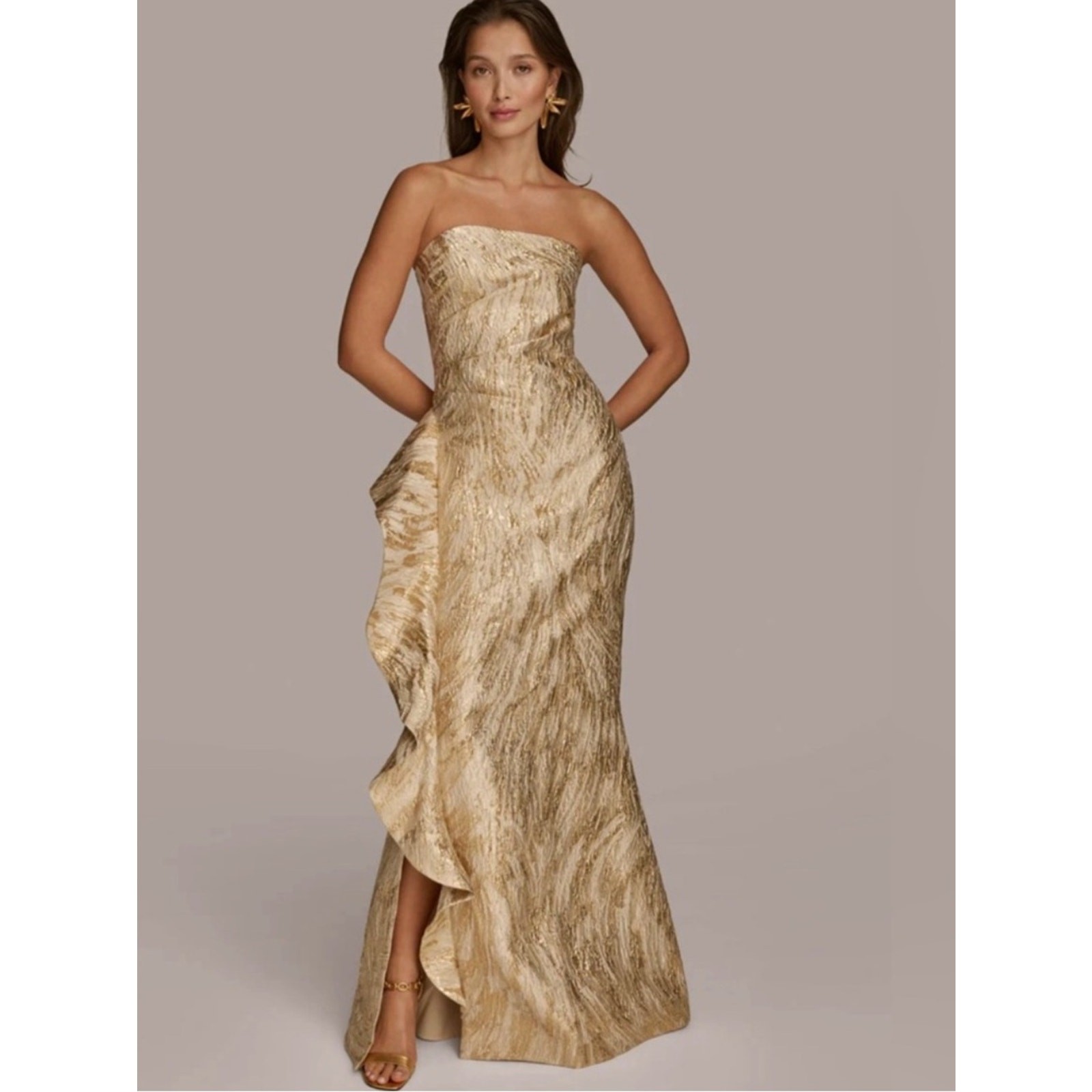 Donna Karan Strapless Metallic Brocade Ruffle Gown 12