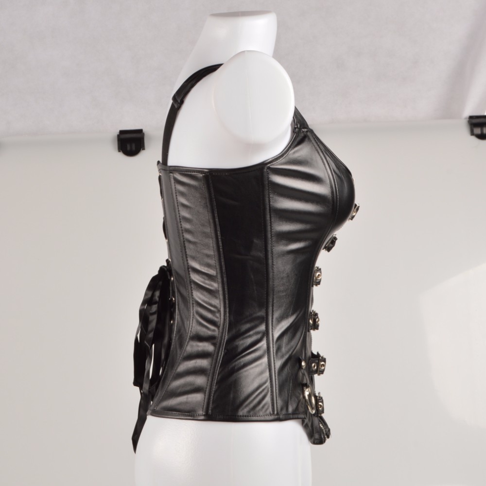 Black Corset Top Steampunk Leather Bustier Overbust Waist Training Plus Size MEM