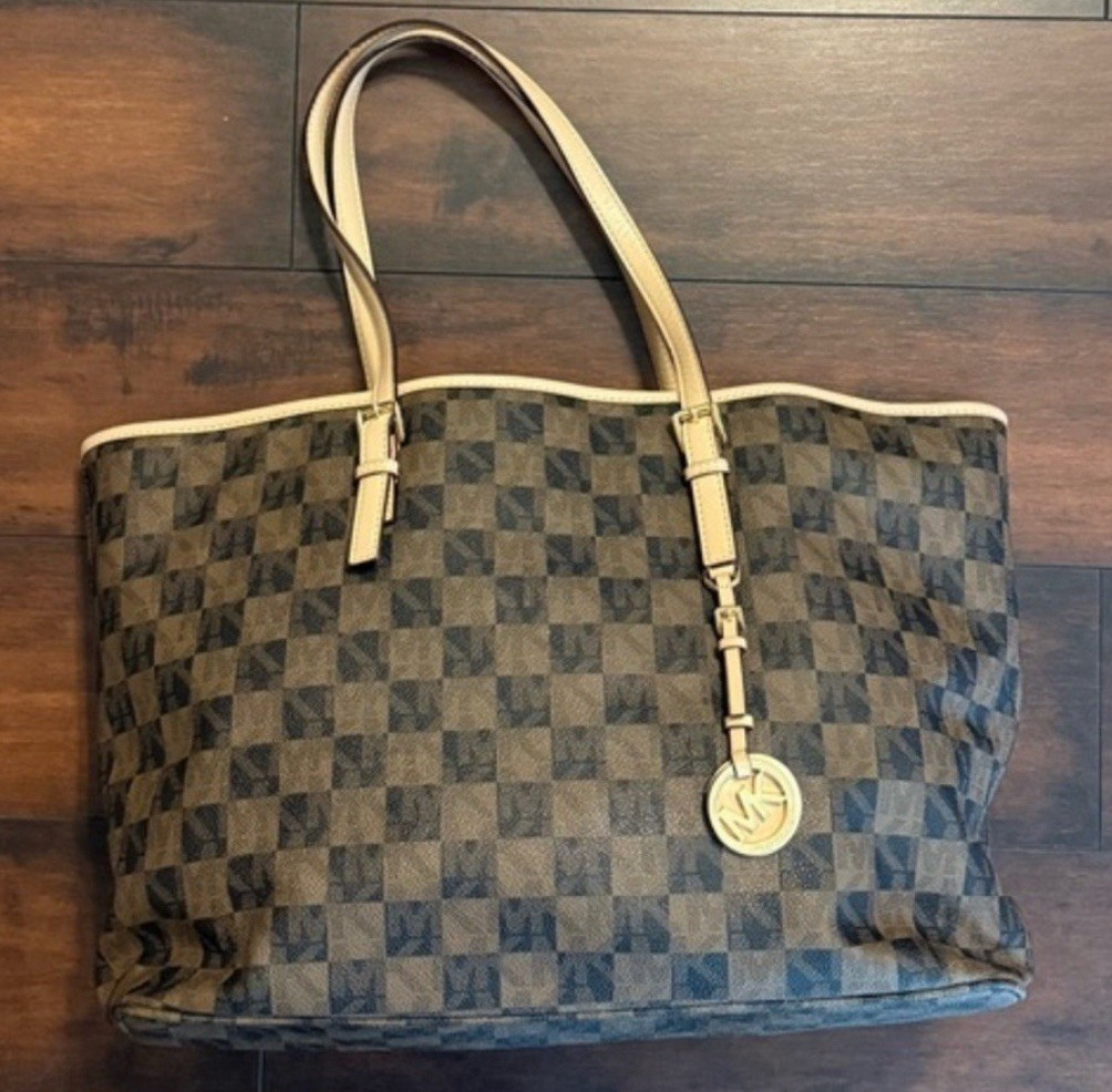 Michael Kors Brown Checkered Large Tote Double Handles MK Charm Gold Hardware