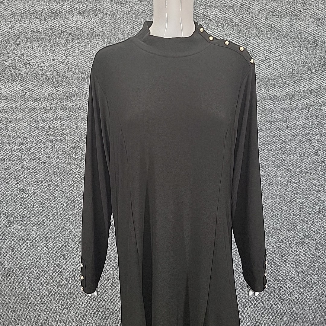 Dennis Basso Womens Dress 2X Plus Size Black Mock Neck w Buttons Detail Dress