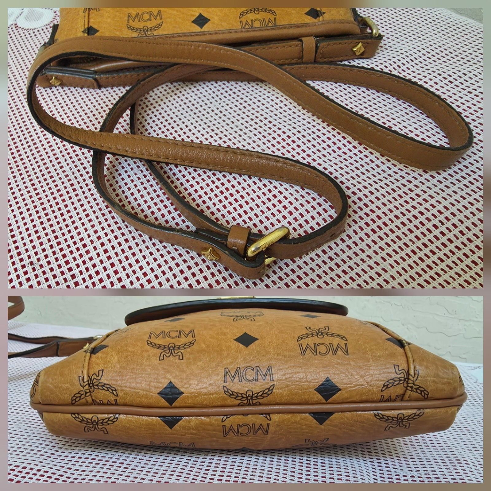 MCM Cognac Monogram Small Flat Shoulder Crossbody Bag AUTHENTIC