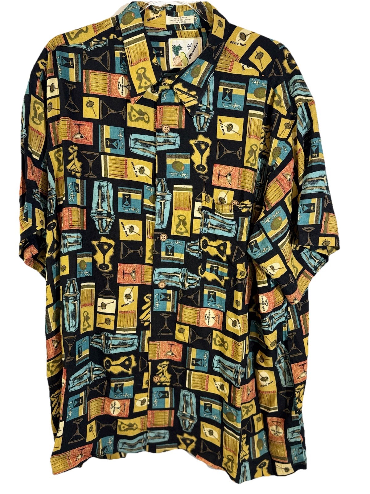 Olive Hut Ron Chouinard Cafe Martini Print Hawaiian Shirt XXL Rayon