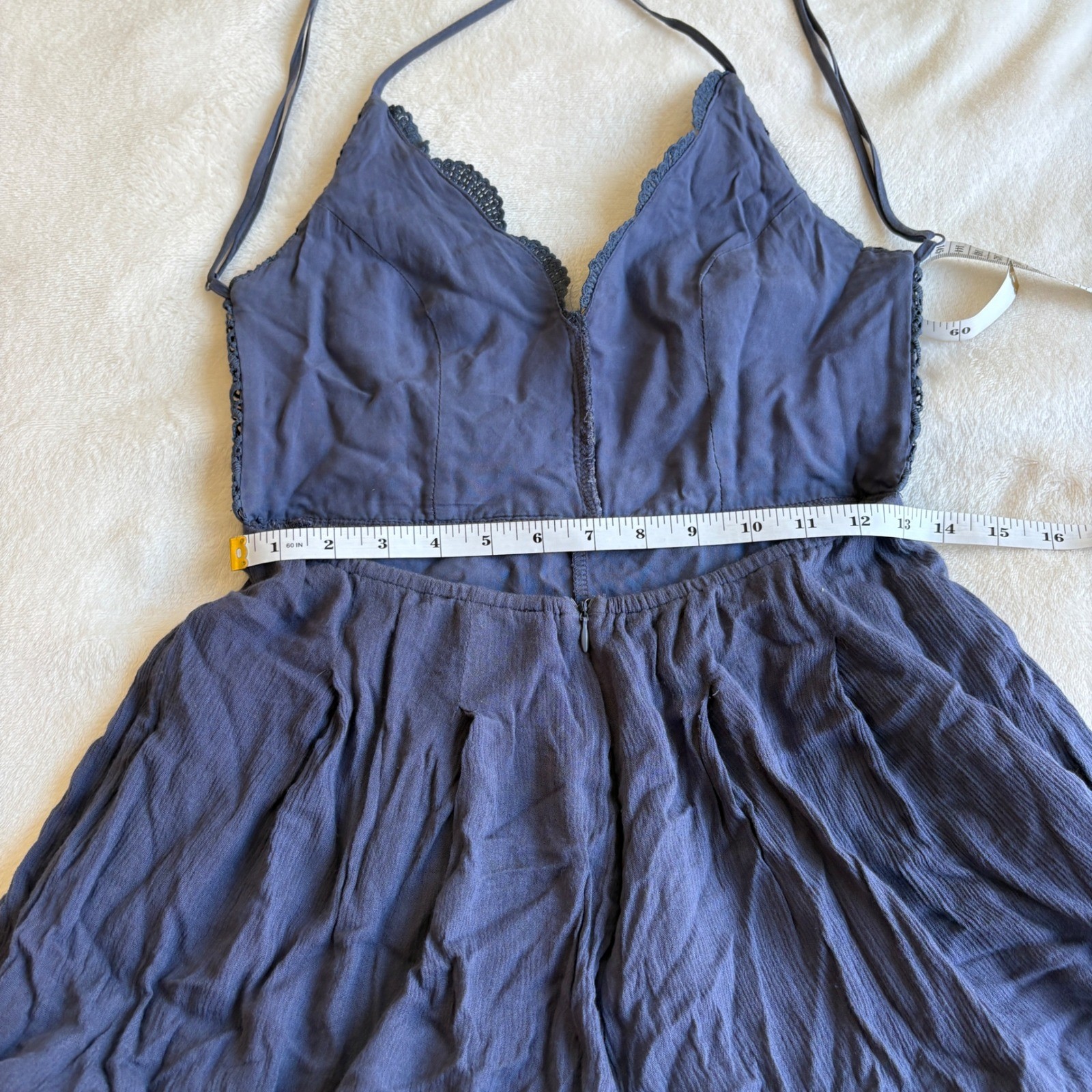 Boho Crochet Lace Backless Romper Navy Blue Festival Summer Sun Dress Size M