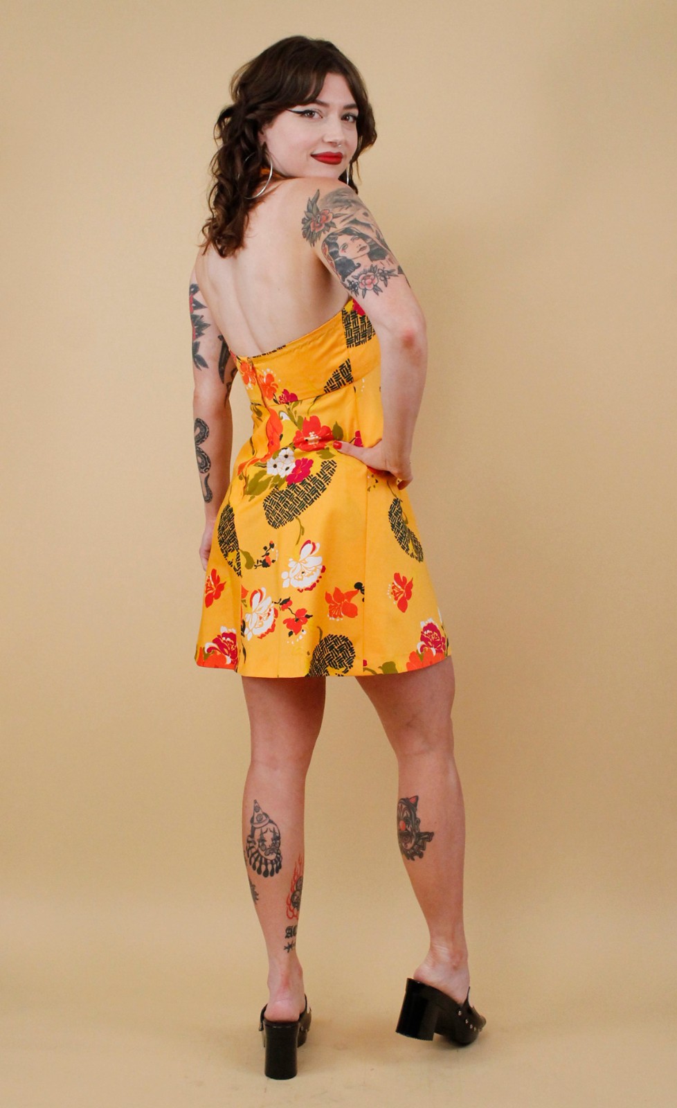 60s 70s Vtg Yellow Floral Micro Mini Dress Halter Top Mod Hawaiian Handmade Xs