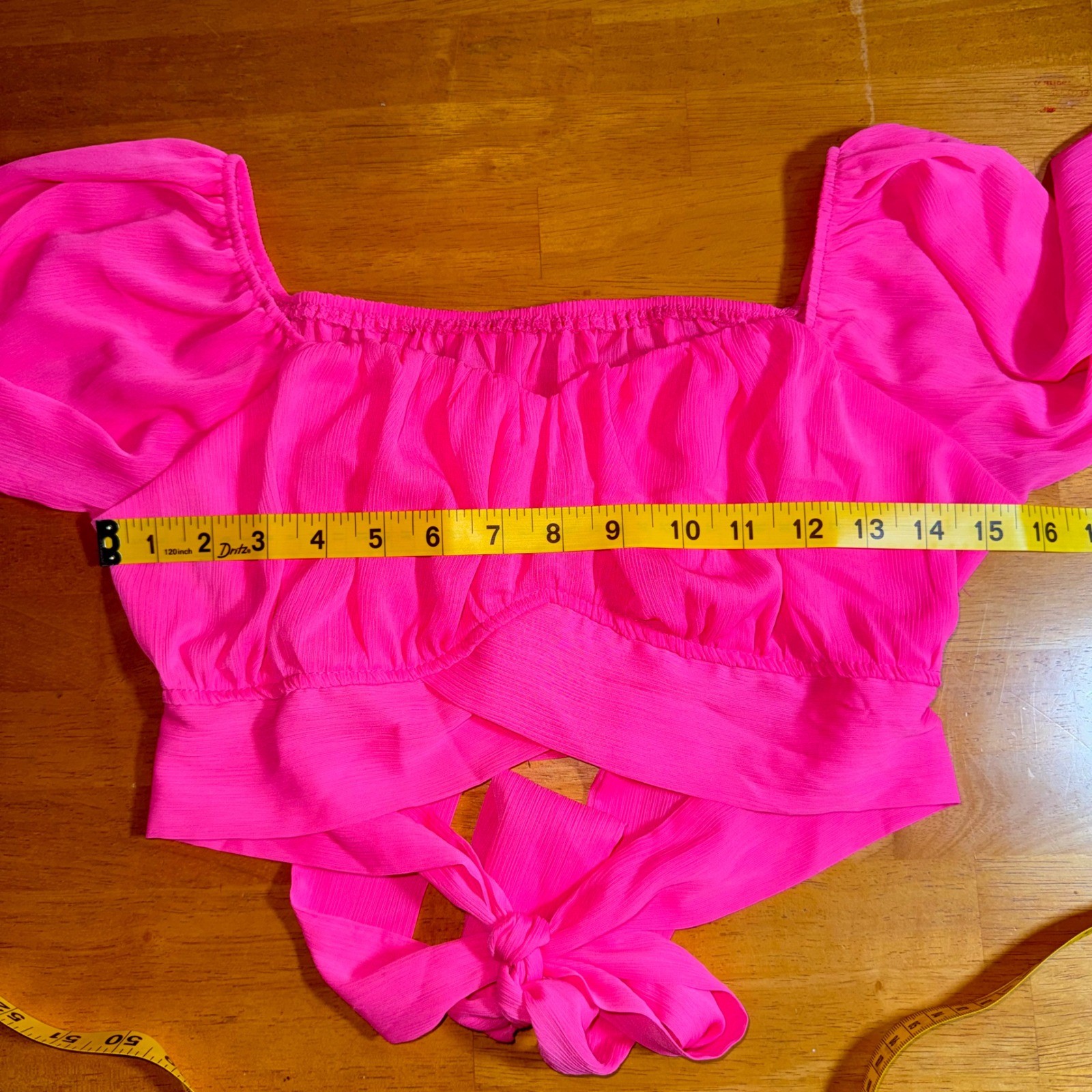 Lyaner Hot Pink Barbie Core Tie Back Crop Top Long Lantern Sleeve Size Medium