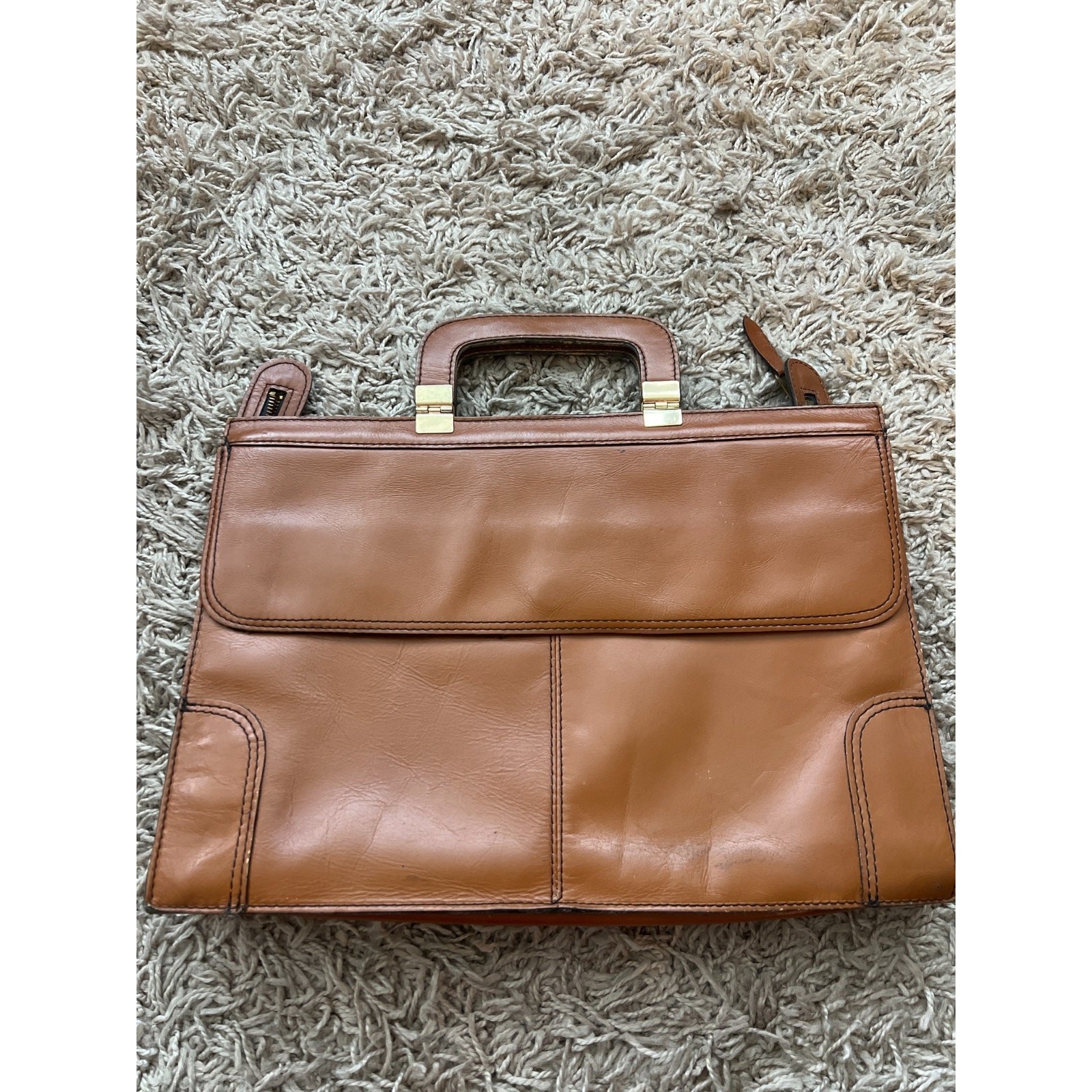 Vintage Tan Leather YKK Zip Front Flap Pocket Briefcase Document Laptop Bag