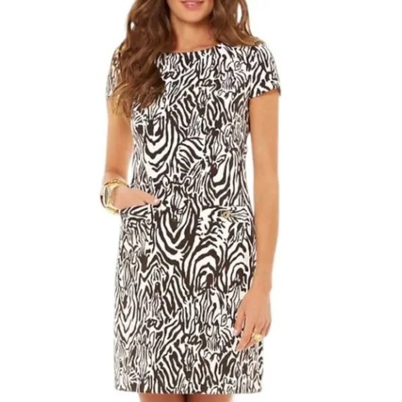 LILLY PULITZER Layton Zebra Shift Dress Medium Brown Zebra Full Entourage Pocket