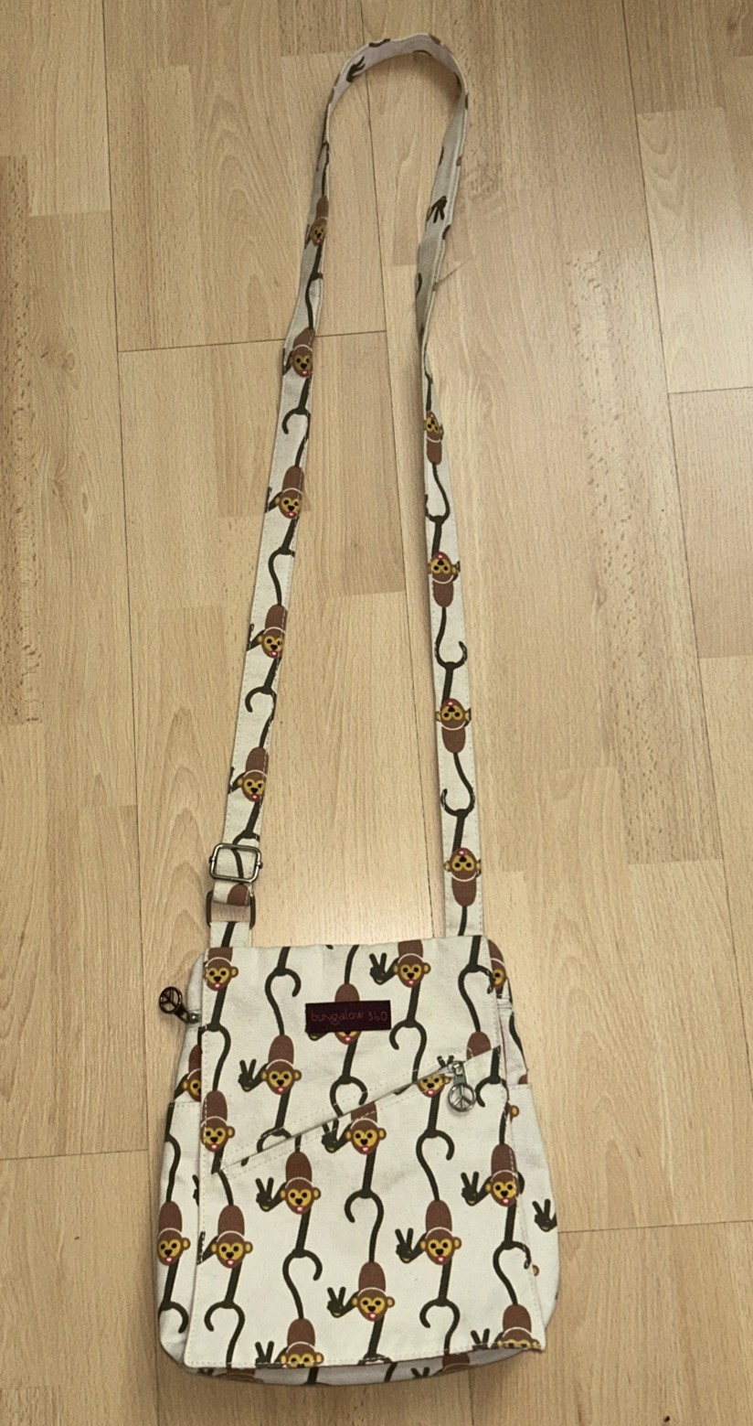 Bungalow 360 Monkey Canvas Cross Body Bag, 55” Strap, Polka Dot Lining, Peace
