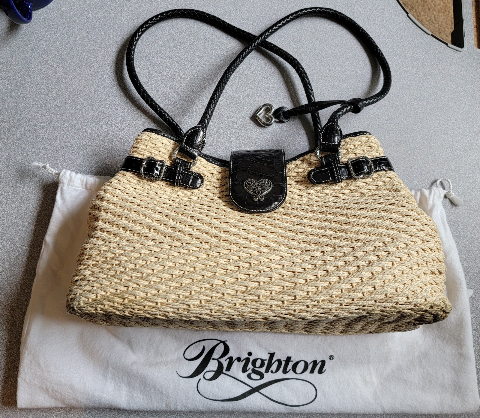 Brighton Woven Straw Shoulder Bag Black Croc Leather Silver Heart Buckle Dust Ba