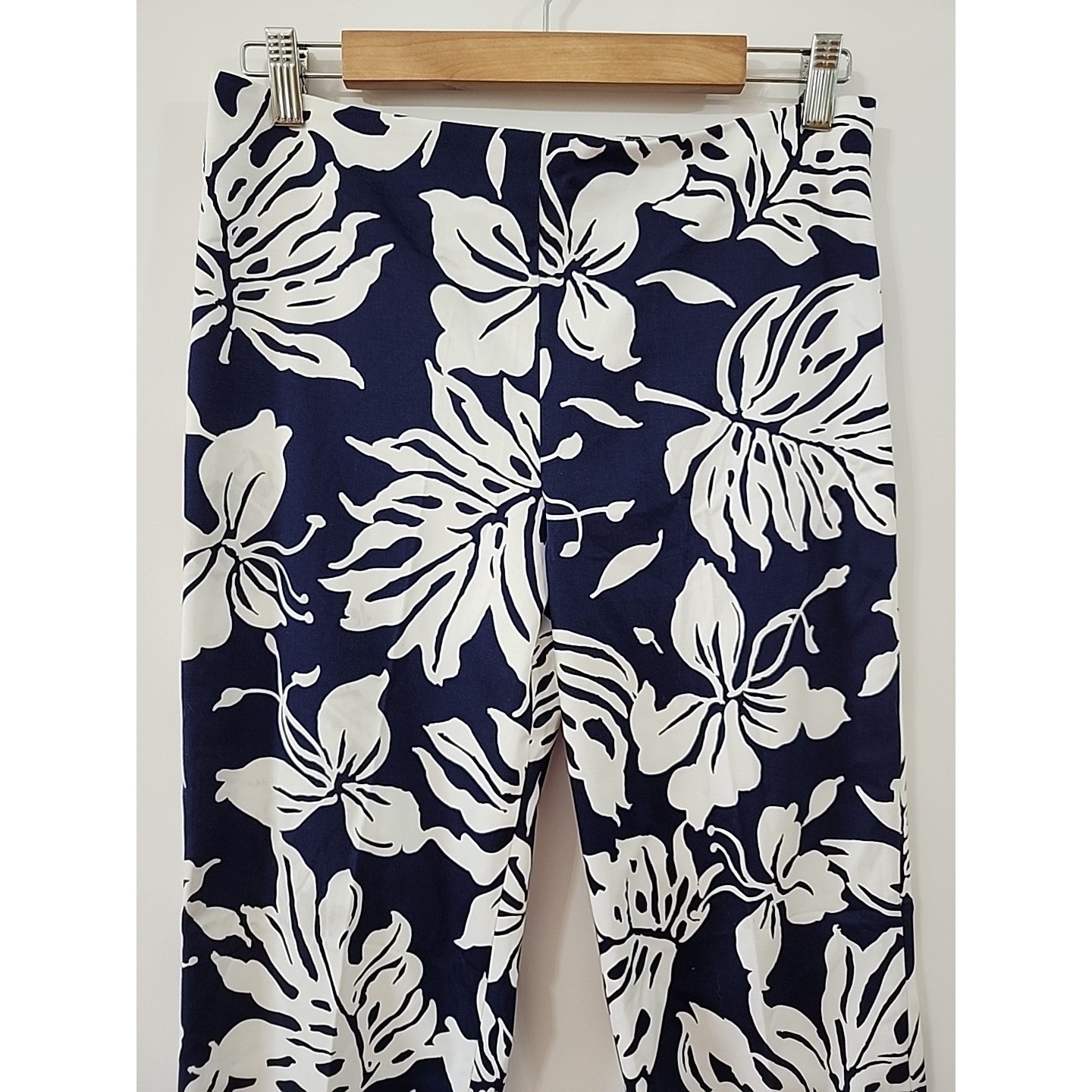 Lauren Ralph Laurenl Straight Leg Pants Size 8 Blue White Stretch Floral Leaf