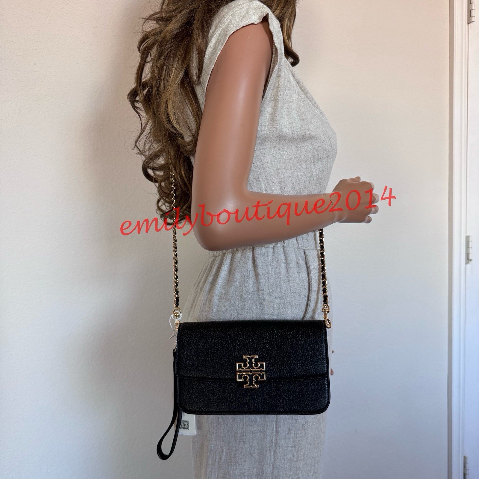 NWT Tory Burch 141012 Britten Chain Wallet & Wristlet Leather Crossbody in Black