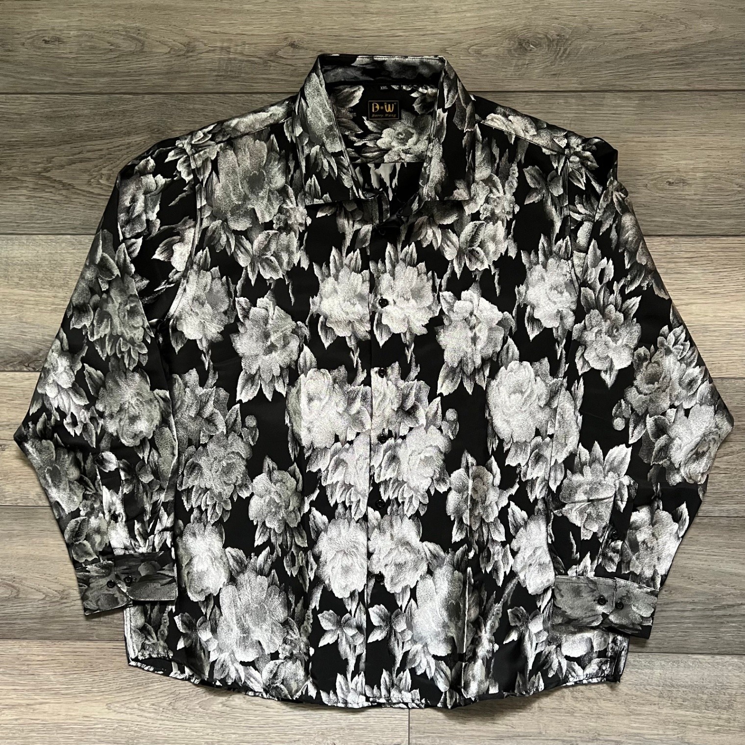Barry Wang Men’s 2XL Dress Shirt Floral Black White Button Down NEW