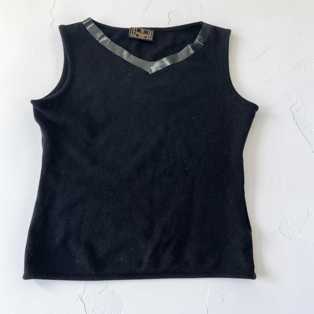 FENDI Vintage Sleeveless Knit Top Black Wool It 42 M L Logo Tape Authentic Japan