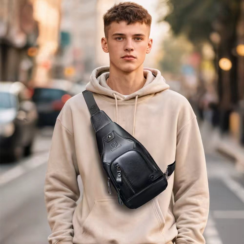 Men Sling Backpack Chest bag Crossbody Bag 100% Genuine Leather Shoulder Bag NEW
