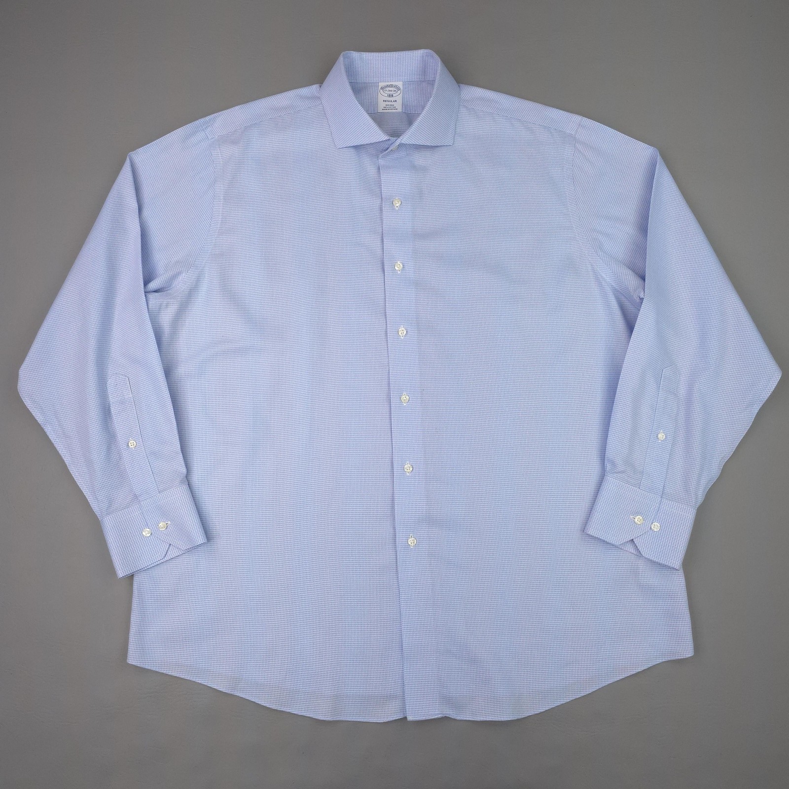 Brooks Brothers Shirt Mens 17 34/35 Blue Gingham Regular Fit Non Iron Cotton