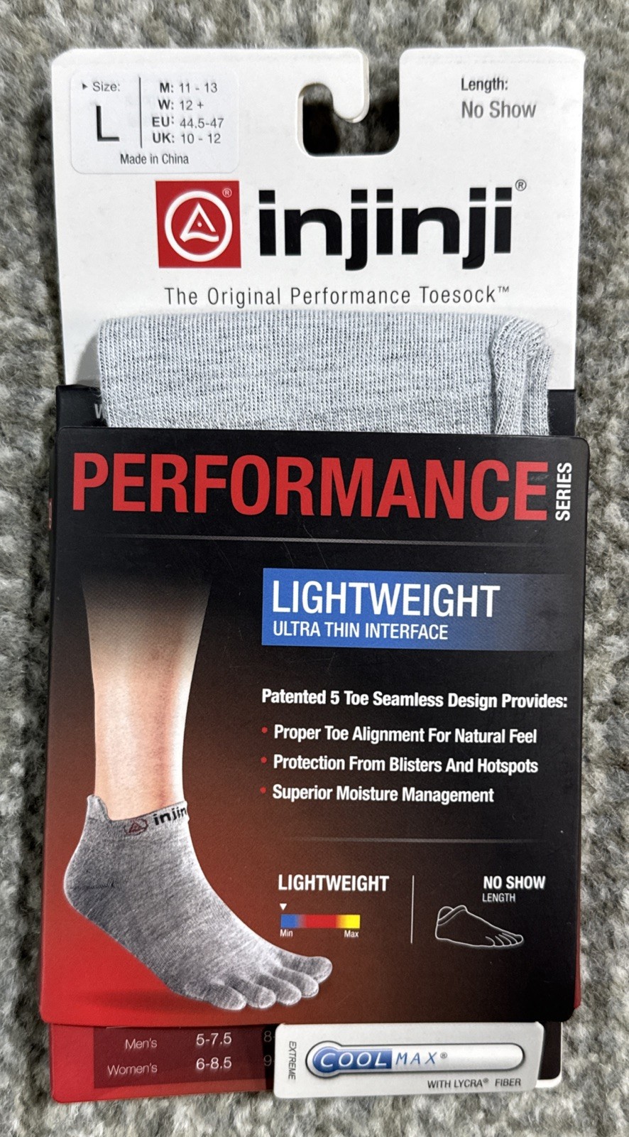 Injinji Unisex Grey Performance Series Lightweight Toesock No Show Running Thin