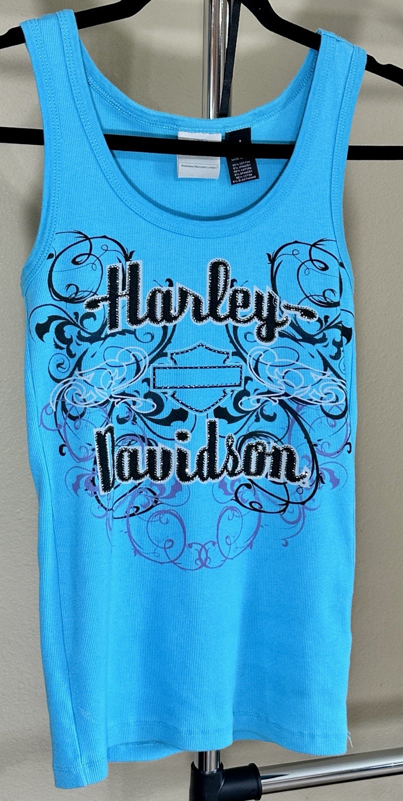Rare Harley Davidson Blue W/Rhinestones Avant-garde Tank Top, Women’s size S