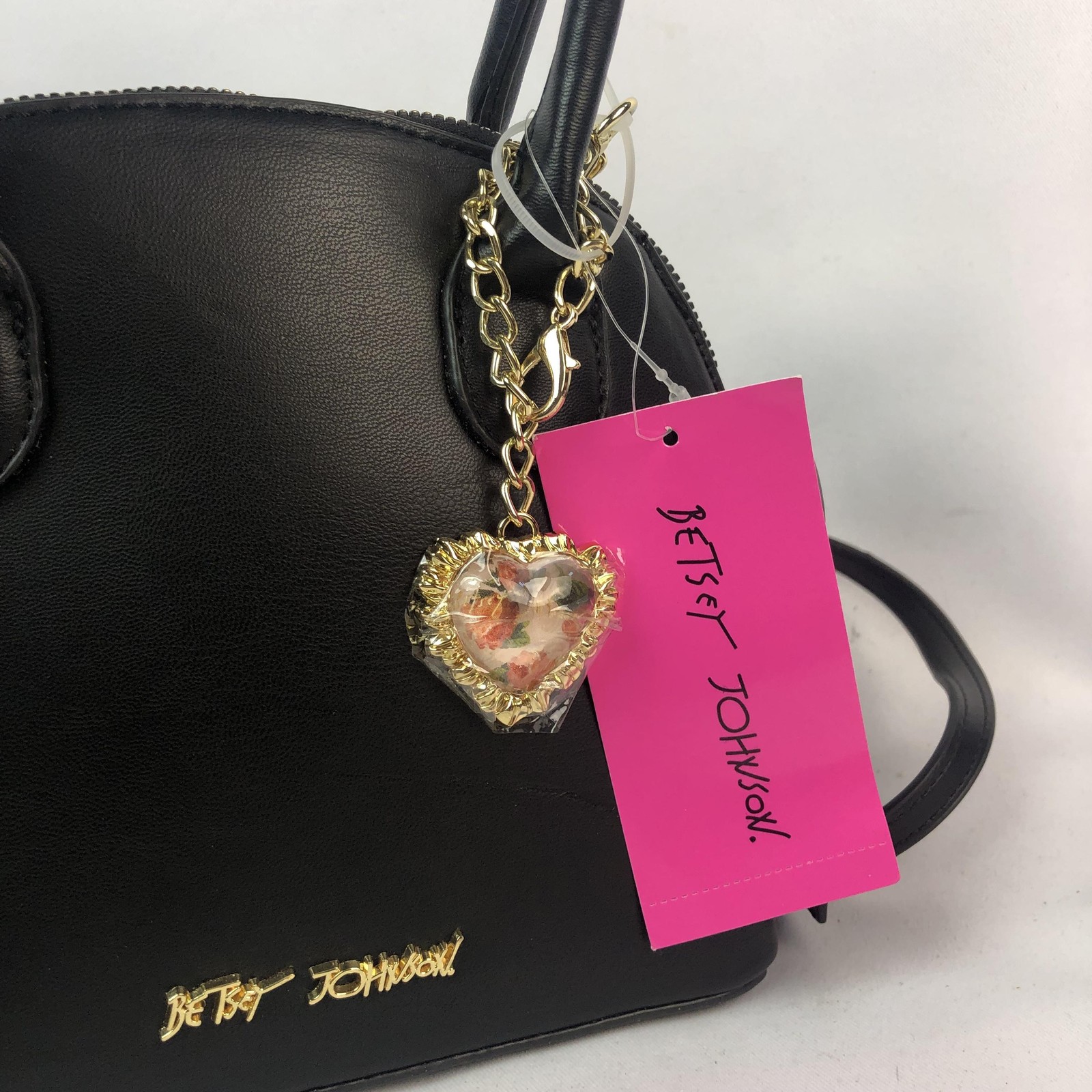 Betsey Johnson Satchel Bag Womens Black XOHOLLY Dome Bows Heart Charm NWT READ