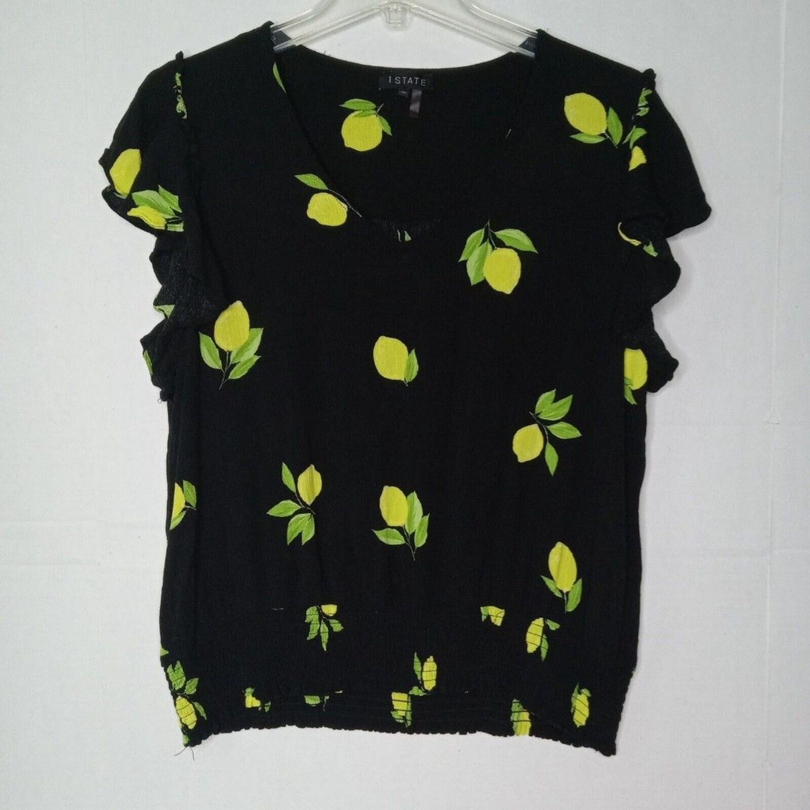 1State Womens size XL Top Black Yellow Lemon Print Vneck fitted hem